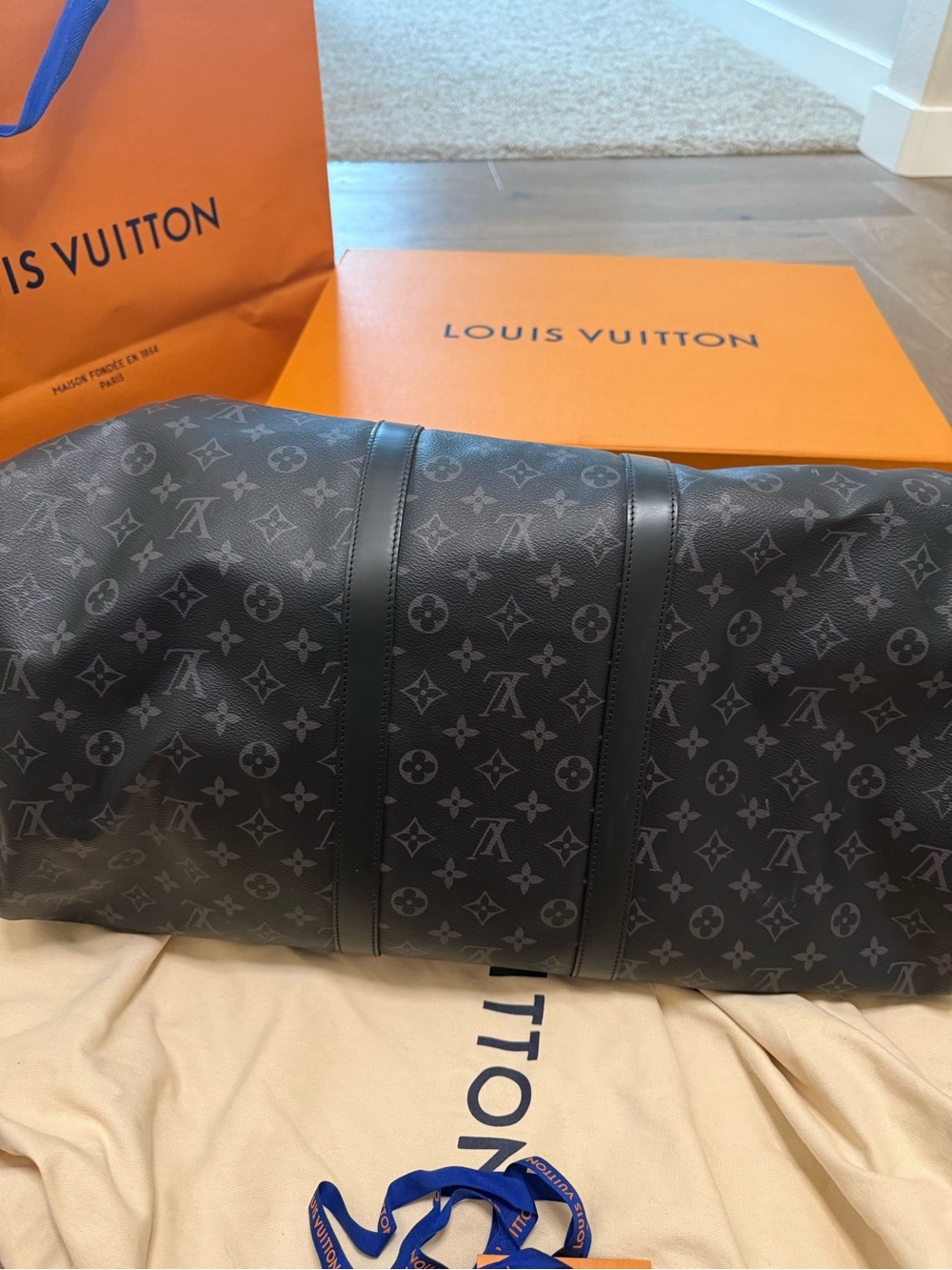 Louis Vuitton Keepall Bandoulière 55 Black Monogram Eclipse Duffel Bag - Picture 2 of 12